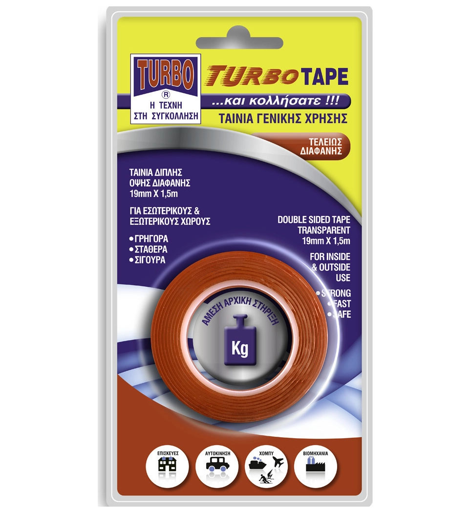 TURBO TAPE ΤΑΙΝΙΑ ΓΕΝΙΚΗΣ ΧΡΗΣΗΣ ΔΙΠΛΗΣ ΟΨΗΣ ΔΙΑΦΑΝΗΣ 19mm x 1.5mm